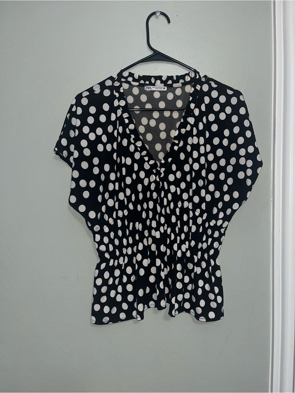 Zara Black and White Polka Dot V-Neck Peplum Blouse
